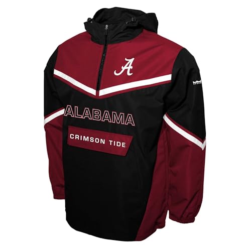 2Bhip NCAA Alabama Crimson Tide Jacket - Mens Half Zip Black Water-Resistant Windbreaker Hoodie Pullover Jackets for Men