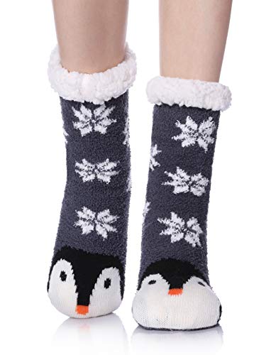 TRUEHAN Womens Fuzzy Slipper Socks Cute Cartoon Animal Grippers Warm Cozy Winter Home Socks (Penguin E)