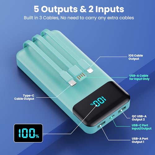 Image of Portable Charger 40800mAh Power Bank with 3 Built-in Cables,PD 25W USB C in&Out Power Bank Fast Phone Charging,QC4.0 5 Outputs Travel Camping Essential Battery Pack for iPhone 17 /16,Samsung etc-Green