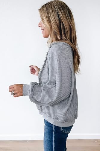 Light Grey Waffle Patchwork Long Sleeve Raw Hem Pullover Top3