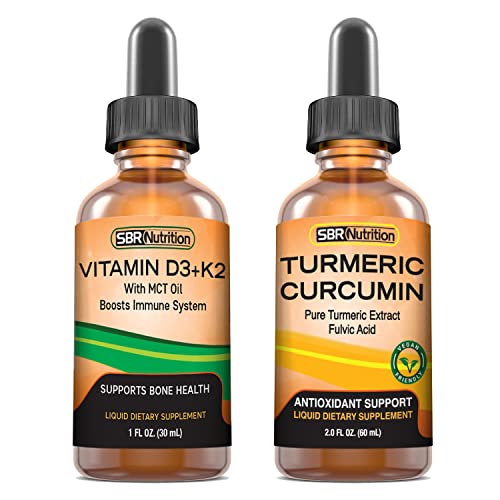 D3+K2 and Turmeric Bundle by SBR Nutrition | Vitamin D3K2 (MK7) Liquid Drops, Peppermint, 1oz | Liposomal Turmeric Curcumin Liquid Drops, 2oz | for Adults & Kids | Non-GMO, Gluten Free