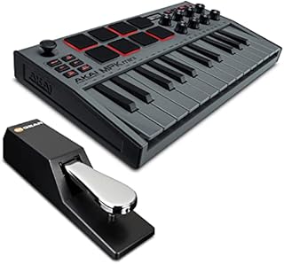 MIDI Controller Bundle - 25 Key USB MIDI Keyboard With 8 Backlit Drum Pads, 8 Knobs and Sustain Pedal - AKAI Pro MPK Mini MK3 Grey and M-Audio SP-2
