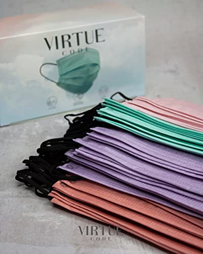 virtue code support face masks - soft 3 ply comfort colorful disposable 50 pack pastel colored for adults men and women