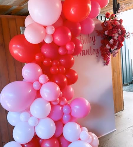 Image of Valentine's Day Balloon Garland Arch Kit - 122 Piece Red, Pink & Light Pink Balloons - Heart & Bear Shaped - Biodegradable - For Couples & Lovers