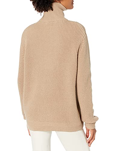 Image of Cable Stitch Women's Half Zip Cotton Pullover Sweater - Solid V-Neck Collar Loose Rib-Knit Long Sleeve Top