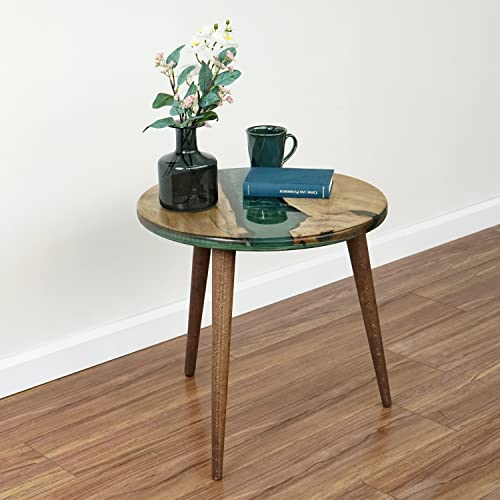 20" Resin Walnut Round Side Table | Epoxy End Table | Coffee Table | Mid Century Modern Resin Walnut | Living Room Furniture | Green Color #TOP1