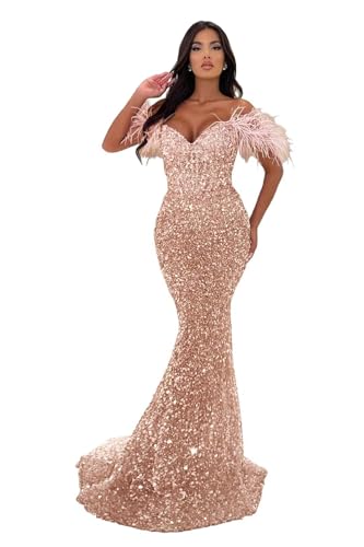 Image of Sequin Feathers Mermaid Prom Dresses 2026 Off Shoulder Sparkly Long Formal Evening Party Gowns with Train