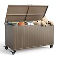 RICNOD Outdoor Storage Box with Wheels 150 Gallon, Mobile Aluminum Deck Boxes Outdoor Waterproof, UV Resistant Patio Storage Box with Lid for Patio Furniture, Garden Tools, Outdoor Cushion (Brown)