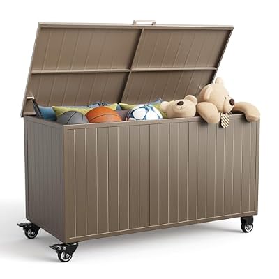 RICNOD Outdoor Storage Box with Wheels 150 Gallon, Mobile Aluminum Deck Boxes Outdoor Waterproof, UV Resistant Patio Storage Box with Lid for Patio Furniture, Garden Tools, Outdoor Cushion (Brown)