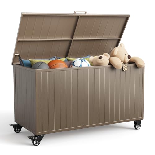 RICNOD Outdoor Storage Box with Wheels 150 Gallon Mobile Aluminum Deck Boxes Outdoor Waterproof UV Resistant Patio Storage Box with Lid for Patio Furniture Garden Tools Outdoor Cushion (Brown)