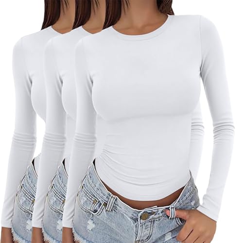 Paquete de 3 camisetas de manga larga para mujer, Y2K, ajuste ceñido, elásticas, cuello redondo, básicas, tops para capas, casuales, yoga, ropa deportiva, A02, M