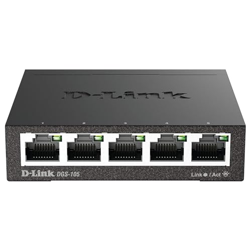 D-Link DGS-105 Switch 5 Ports Gigabit Metallique 10/100/1000mbps - Idéal Partage de Connexion et Mise en Réseau Small/Home Office