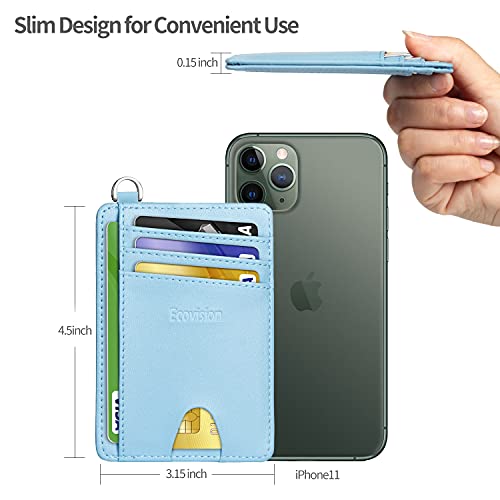 Image of Slim Minimalist Front Pocket Wallet, RFID Blocking Credit Card Holder Wallet with Detachable D-Shackle for Men Women, Goatskin Skyblue, Small