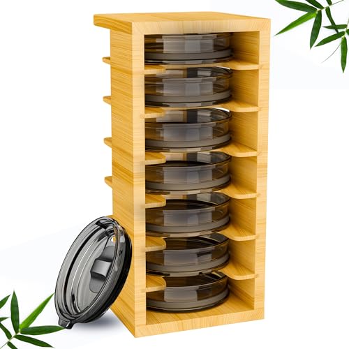 EQUIPSTRIDE 7-Tier Bamboo Tumbler Lid Organizer for kitchen Cabinet - Water bottle lid Organizer for cabinet - Vertical Coffee Lid Storage Organization - Tumbler Lid Storage Rack