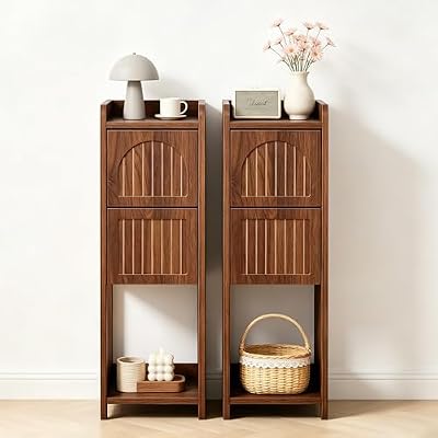 Narrow Nightstand Set of 2, Wooden Small 2 Drawer Nightstand, Slim Side End Table, Skinny Bedside Table, Mid Century Modern Night Stand with Drawers for Bedroom (Deep Walnut-2 pcs)