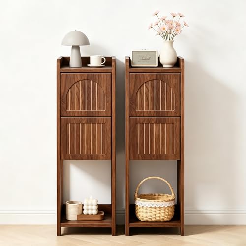 Image of Narrow Nightstand Set of 2, Wooden Small 2 Drawer Nightstand, Slim Side End Table, Skinny Bedside Table, Mid Century Modern Night Stand with Drawers for Bedroom (Deep Walnut-2 pcs)