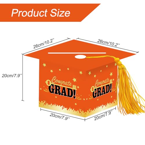 Image of 2026 Graduation Party Card Box, Orange Gold Congrats Cap Card Holder Box with Tassel for 2026 Graduation Party Decorations