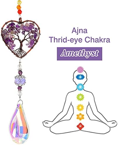 Amethyst Healing Crystal Stone Sun Catchers for Windows, Tree of Life Tandem Natural Quartz Gemstone Pendant Rainbow Maker Suncatcher, Spiritual Gifts for Women