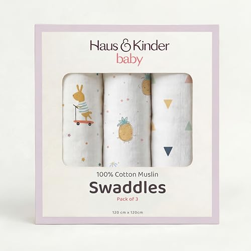 Image of haus & kinder 100% Cotton Muslin Swaddle Wrap for New Born Baby | Pack of 3 (120x120 cm) | Baby Blanket & Swaddles for Newborn | Jungle Party Collection