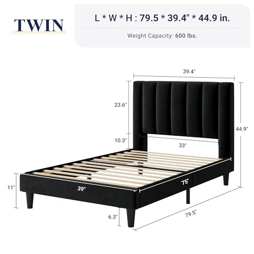 Image of Allewie Twin Bed Frame /Velvet Upholstered Bed Frame with Vertical Channel Tufted Headboard /Strong Wooden Slats /Platform Bed Frame /Mattress Foundation /Box Spring Optional /Easy Assembly /Black