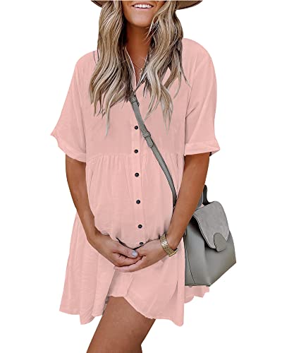 Image of PYGFEMR Women's Short Sleeve Babydoll Dress Button Down Dresses with Pockets
