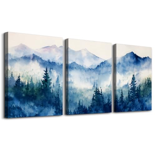SERIMINO Nature Landscape Canvas Wall Art for Living Room, Forest Mountain Canvas Prints Paintings, Blue Modern Farmhouse Wall Decor for Bedroom Bathroom Set of 3, 20"X28"