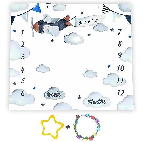 Image of Airplane Theme Baby Monthly Milestone Blanket for Boys, Soft Flannel Aircraft Pilot Cloud Stars Pattern Photography Prop Baby Shower Age Newborn Mom Gifts Nursery Decor (Blue, 48x40in)