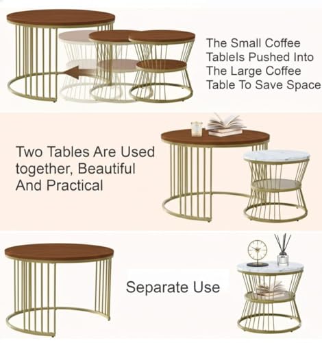 Image of Roldo Modern Nesting Coffee Table Set of 2 for Living Room, Round Coffee & Side Table with Metal Frame and Marble Finish MDF Top, Center Table for Sofa, Home Decor Office & Apartment (Gold Walnut)