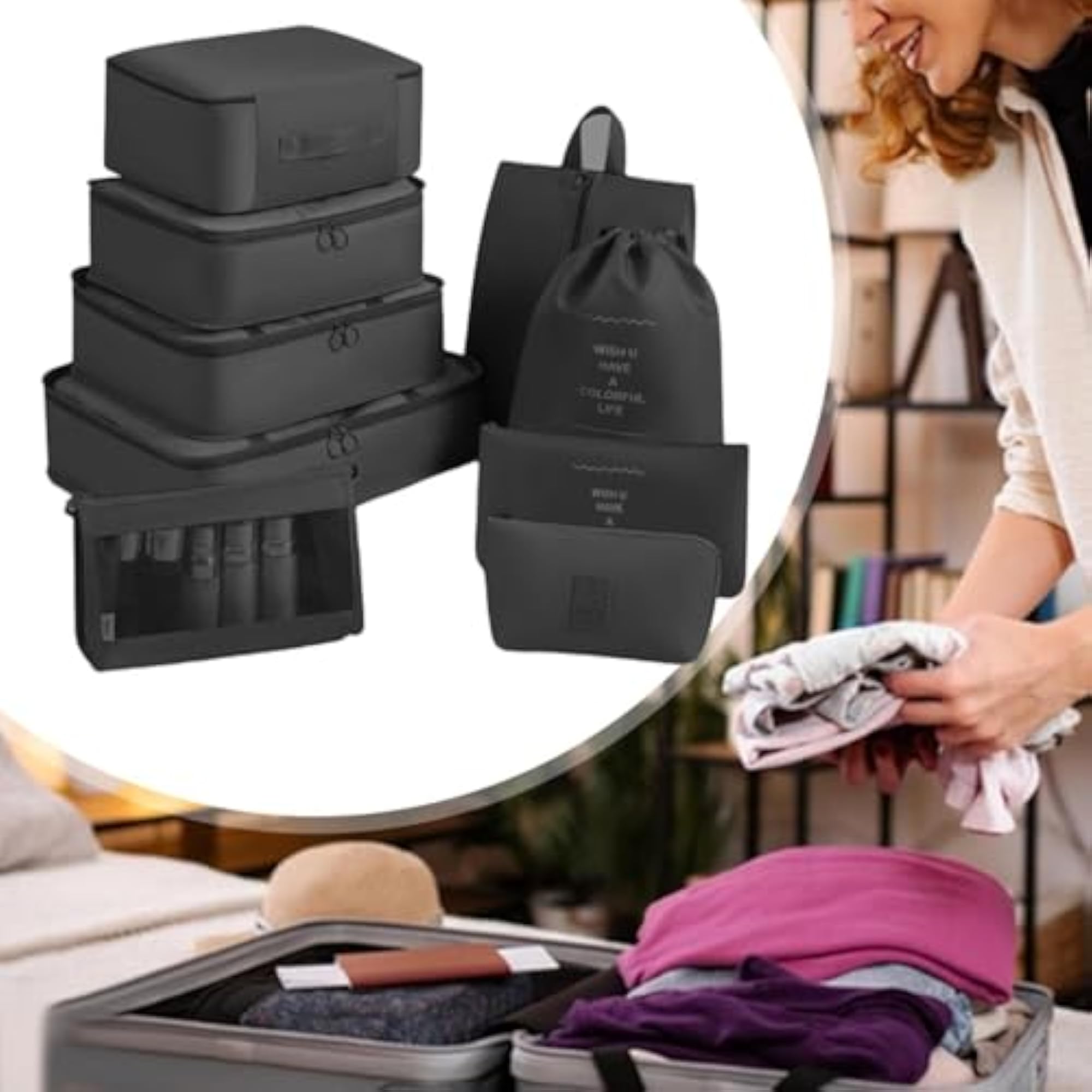 Packing Cubes for Suitcase, 9 Piece Set, Black