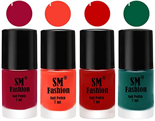 Image of Nail Polish Combo Set (Pack of 4) Quick Dry Gel Finish Nail Paint | Pure Wine,Light Orange,Orange,Green | 7 ml Each