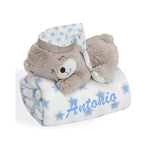Set manta bebe BORDADA con nombre y peluche osito a juego (azul)