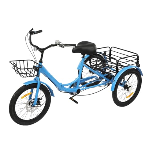 Mqwdxzfes 20 Zoll Faltbares Dreirad für Erwachsene, 7-Gang 3-Rad Fahrrad mit Vor- und Rückkorb, Schloss & Verstellbarer Sitz, Einkauffahrrad Seniorenfahrrad für Einkaufen, Freizeit, Sport (Blau)