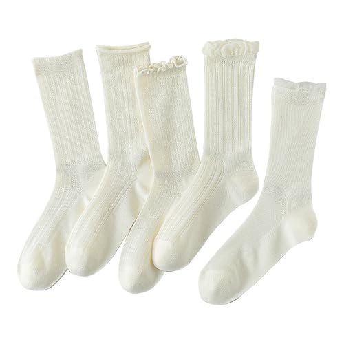 Women's Ruffle Crew Socks, White Cotton Lace, Frilly Ankle Design, Fits Shoe Size 5-9, 5 Pairs