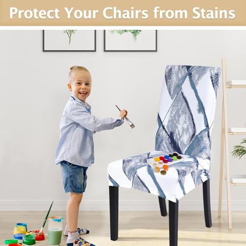 Image of SearchI Printed Dining Room Chair Covers Set of 4, Stretch Kitchen Chair Covers Washable Parsons Chair Slipcover Removable Dining Chair Protectors for Hotel,Ceremony(Blue /White)