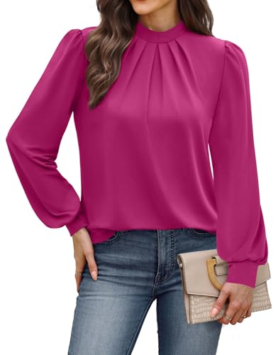 Image of WIHOLL Long Sleeve Shirts for Women Mock Neck Tops Pleated Front Blouses Dressy Casual Spring Fall Clothes 2026 Fashion