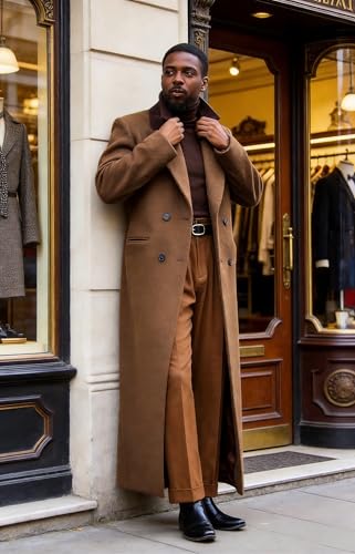 Image of Man's Double Breasted Full Length Trench Coat Casual Notch Lapel Long Jacket Peacoat Wool Blend Winter