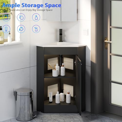 eclife 26" Corner Bathroom Vanity Sink Combo for Small Space Freestanding Storage Cabinet with White Resin Sink and Matte Black Faucet, Black