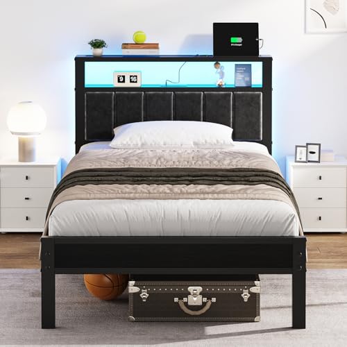 Image of OLEVS Twin Bed Frame with LED Lights & USB Outlets, Platform Twin Bed with Storage Headboard, No Box Spring Needed, Easy Assembly