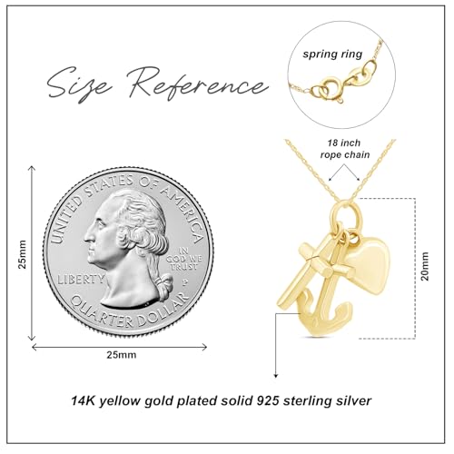 Anchor Cross Heart Charm Pendant Necklace For Women In 14k Gold Plated Sterling Silver Jewelry Along With 18" Rope Chain Gift For Her2