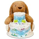 MilaBoo® Windeltorte blau mit kuscheligen großen Hasen I hochwertiges Neugeborenen Geschenk mit Windeln und Produkten