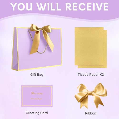 Image of JMANNI Gift Bags with Handles, 13 inch Medium Gift Bags with Tissue Paper | 1 Pcs Light Purple Bag, 2 Tissue Paper and 1 Cards, for Baby Shower, Wedding Bridal Shower, Birthday Party