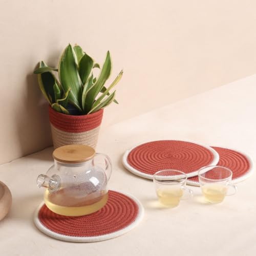 Image of DENOVA Cotton Rope Trivet for Hot Pots and Pans - Heat Resistant Table Mat, Rustic Kitchen & Dining Protection, Pack of 3 (Rust & Cream Edge Line, 23cm)