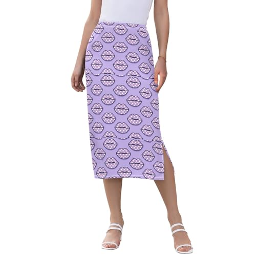 Women's Casual High Waist Midi Skirts for Women Below Knee Summer Slit Midi Skirt