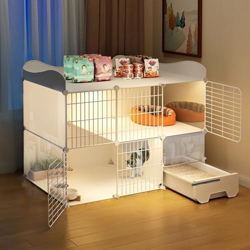 Nihig猫 ケージ トイレ付き 2段 広い スリム 飛散軽減 一体型 組み立てが簡単 DIY組立 大きい 猫ゲージ 通気性が良い 脱走防止 キャット 組み替え自由 キャットゲージ 取り外し可能 おしゃれ ゲージ 猫 四季折々 猫のゲージ 猫用 室内猫小屋