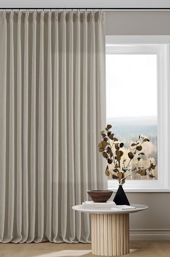 Image of 102 Inch Long Curtains Pinch Pleat Linen Curtains for Living Room Bedroom 2 Panels Tan Brown Burlywood Taupe Light Filtering Privacy 102 Inch Pleated Drapes Hooks Rings Back Tab for Sliding Door
