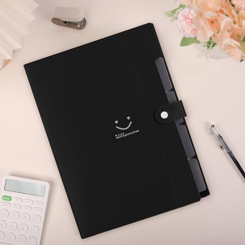 Image of SKYDUE File Folder with 8 Labels, 5 Pockets Accordion Paper Organizer for School and Office,A4 Letter Size,Black