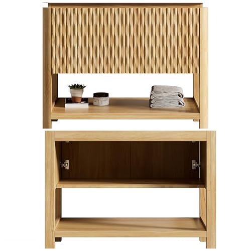 Image of 36 inch Bathroom Vanity with Sink, Freestanding Bathroom Storage Cabinet with Marble-Pattern Ceramic Basin & 2 Bamboo Texture Doors, Floor Stand Vanity Combo with Bottom Open Shelf, Natural