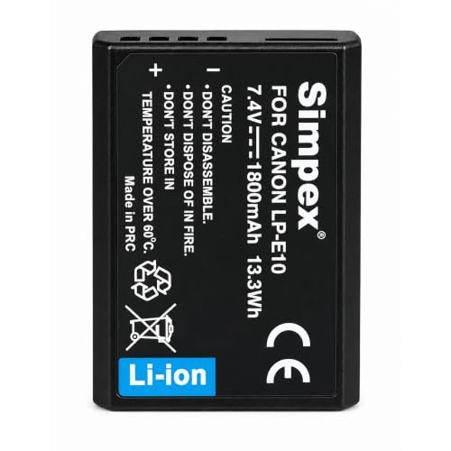 Image of Simpex LP-E10 Rechargeable Camera Battery 7.4V Li-ion Replacement Battery Compatible with Canon EOS 1100D, 1200D, 1300D, EOS Kiss X50, Kiss X70, EOS Rebel T3, T5 & T6 DSLR Cameras(Black)