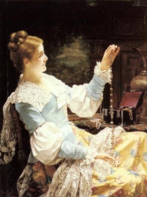 Tableau Admiring Her Jewels : Peinture à l'huile Portielje pour habiller vos murs vides avec prestige