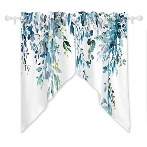 EOVDSFW Blue Eucalyptus Leaf Kitchen Swag Curtains, 2 Panels, 28x36 Inch